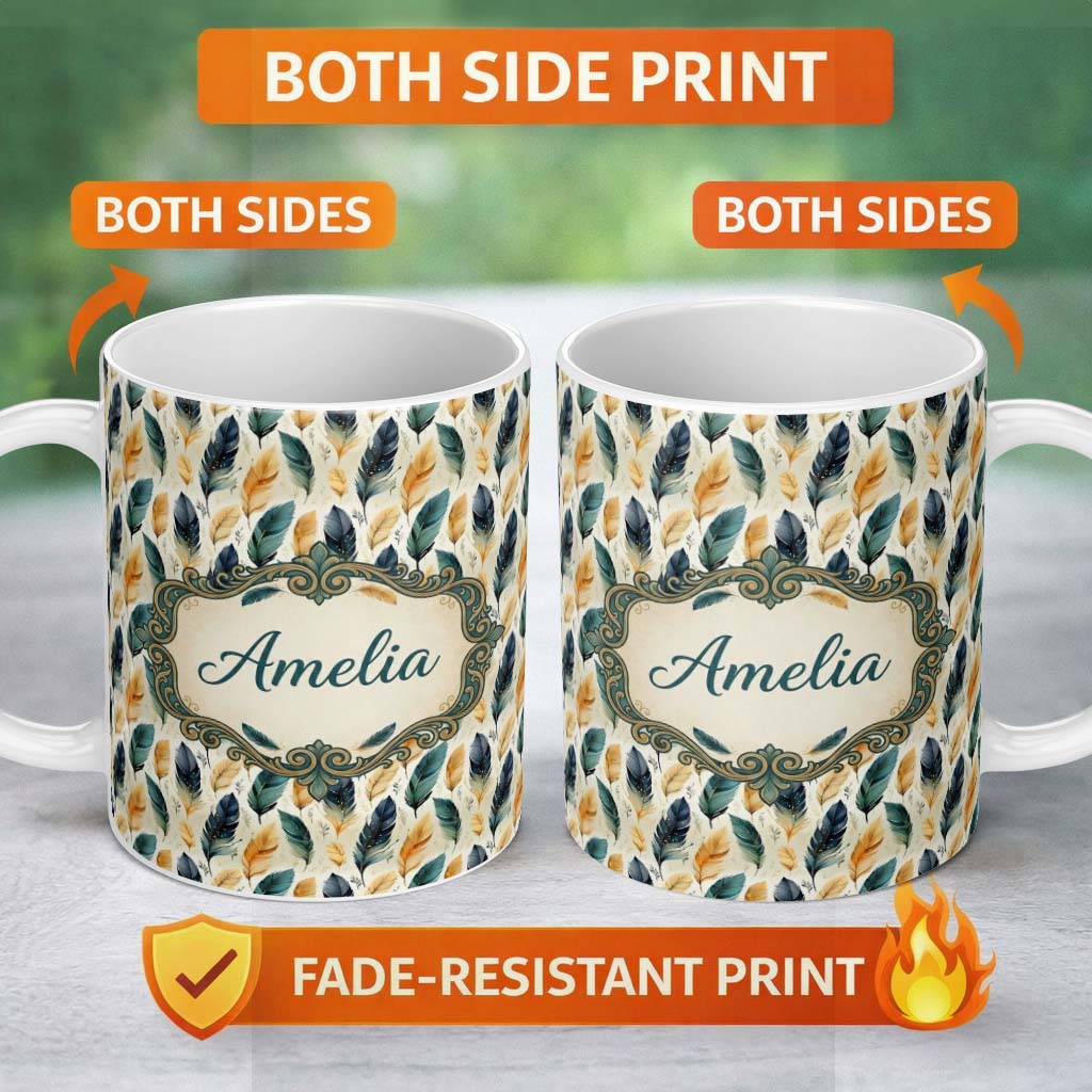 Personalized Custom Name Elegant Feather Leaves Boho Seamless Pattern Name Cute Unique Gift 11oz Ceramic Coffee Tea Mug White Large Handle