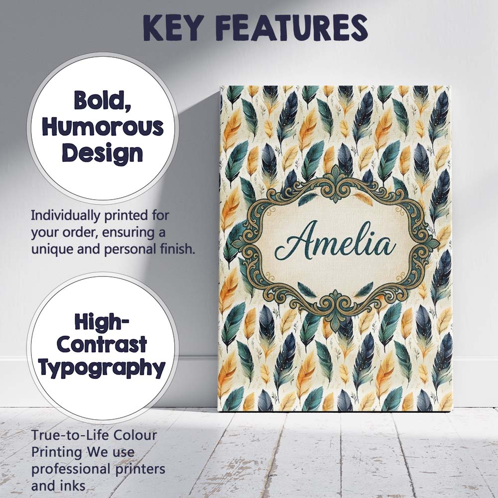 Personalised Name Elegant Feather Leaves Custom Interior Decorative Contemporary Canvas Wall Art Print Decor Picture Ready to Hang