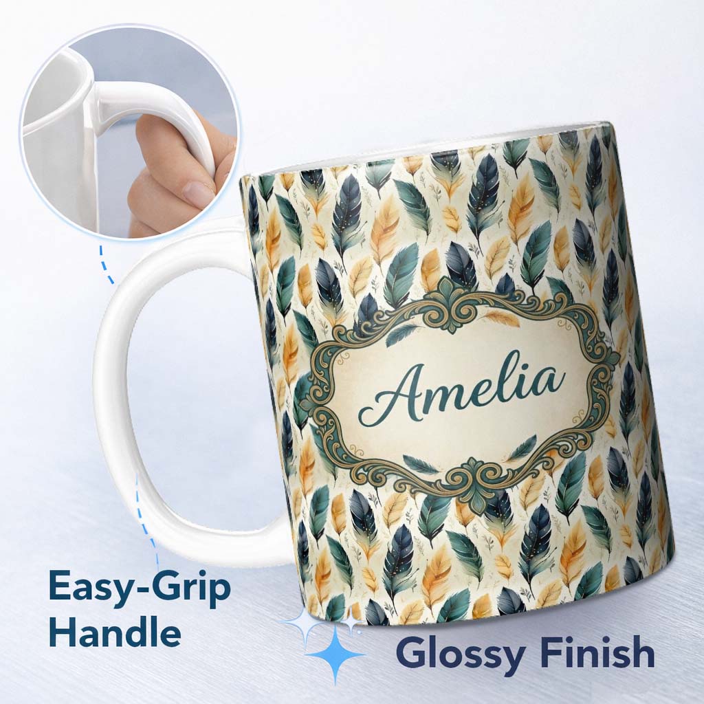 Personalized Custom Name Elegant Feather Leaves Boho Seamless Pattern Name Cute Unique Gift 11oz Ceramic Coffee Tea Mug White Large Handle