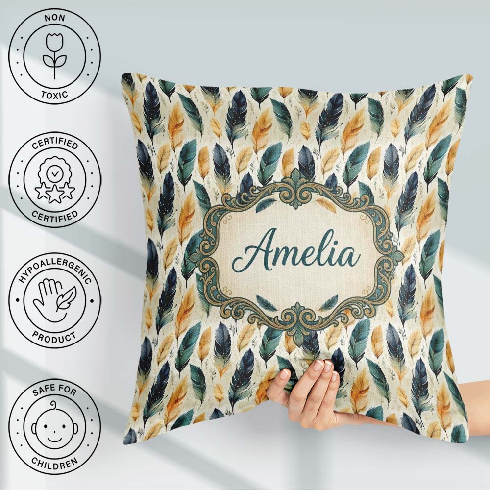Custom Name Elegant Feather Leaves Boho Seamless Pattern Name Square Filled Cushion Throw Pillow Sofa Bed Home Decor Zip Washable UK Made