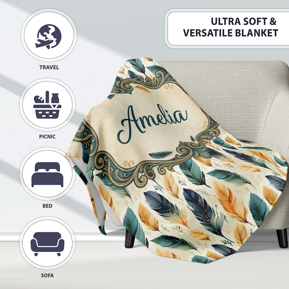 Elegant Feather Leaves Boho Seamless Pattern Name Cute Unique Gift Personalised Custom Name Super Soft Fleece Blanket Bed Sofa Throw