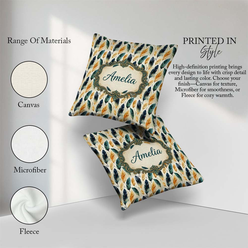 Custom Name Elegant Feather Leaves Boho Seamless Pattern Name Square Filled Cushion Throw Pillow Sofa Bed Home Decor Zip Washable UK Made