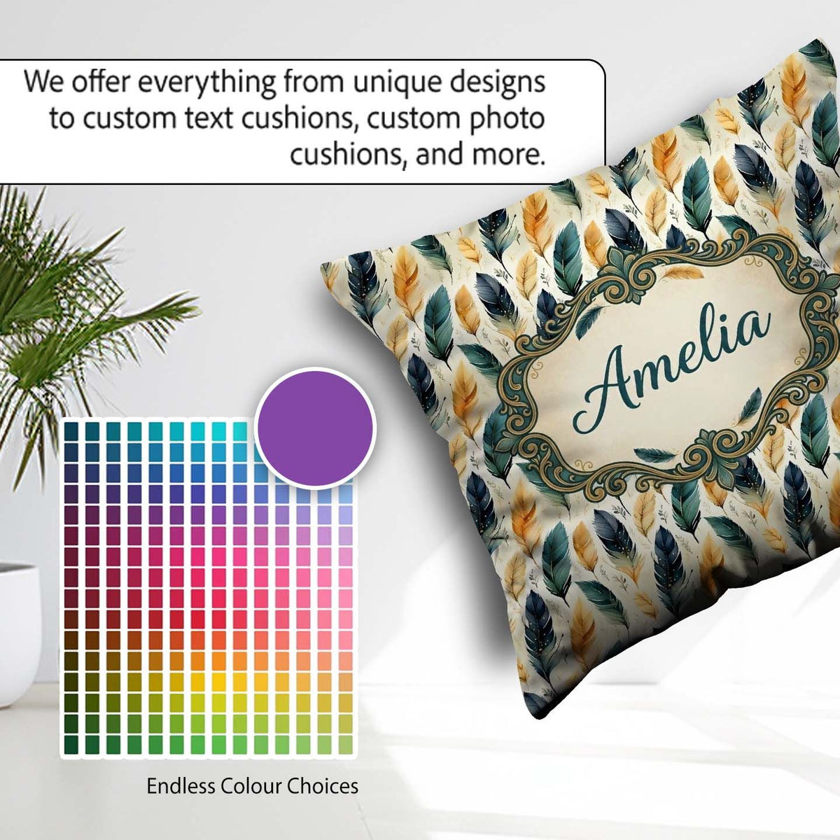 Custom Name Elegant Feather Leaves Boho Seamless Pattern Name Square Filled Cushion Throw Pillow Sofa Bed Home Decor Zip Washable UK Made