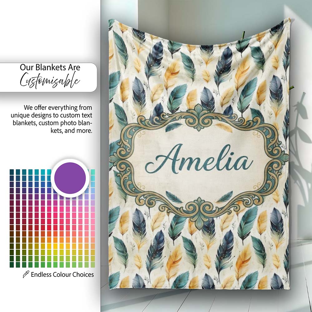 Elegant Feather Leaves Boho Seamless Pattern Name Cute Unique Gift Personalised Custom Name Super Soft Fleece Blanket Bed Sofa Throw