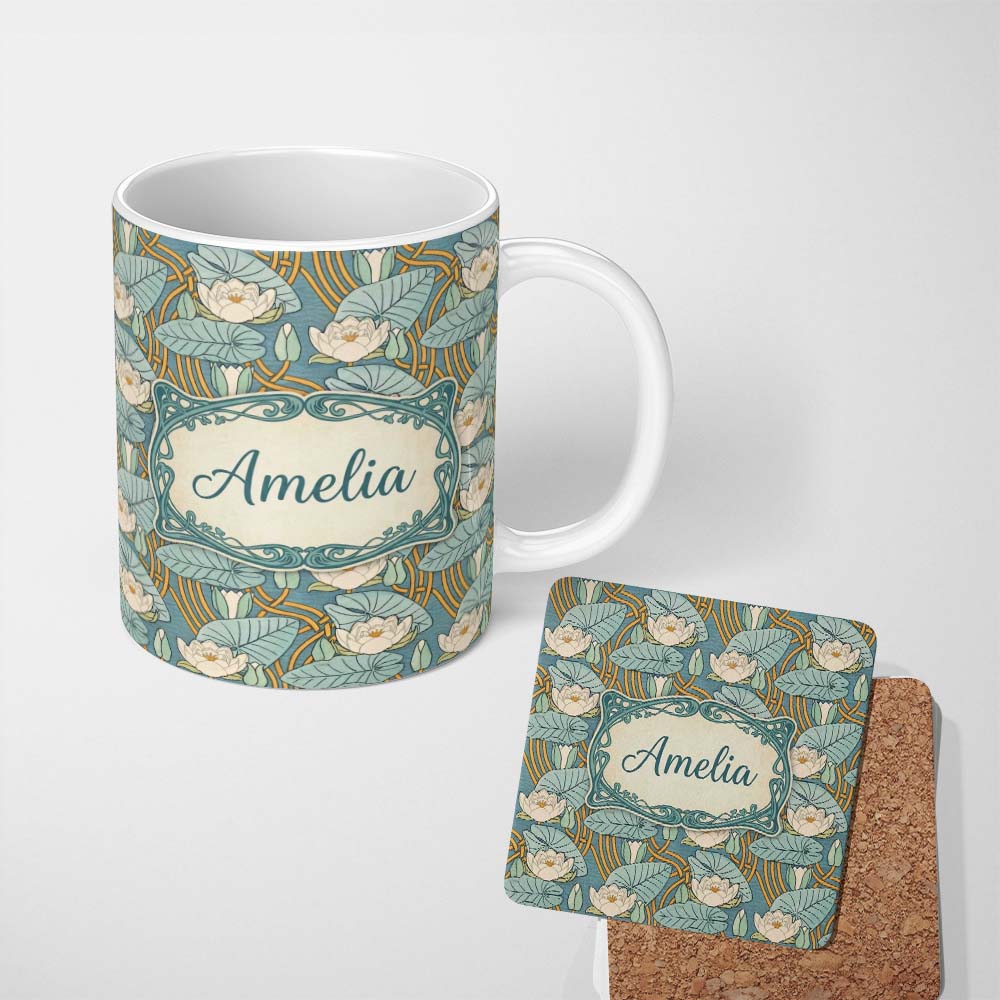 Personalized Custom Name Art Nouveau Lily Pond Floral Seamless Pattern Custom Name Cute 11oz Ceramic Coffee Tea Mug White Large Handle