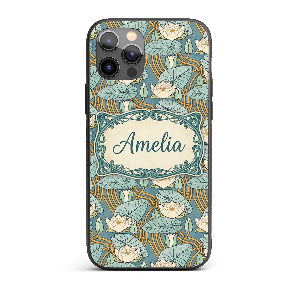 Art Nouveau Lily Pond Floral Seamless Pattern Custom Name Protective Phone Case Mobile Cover Durable Everyday Smartphone Shock Resistant