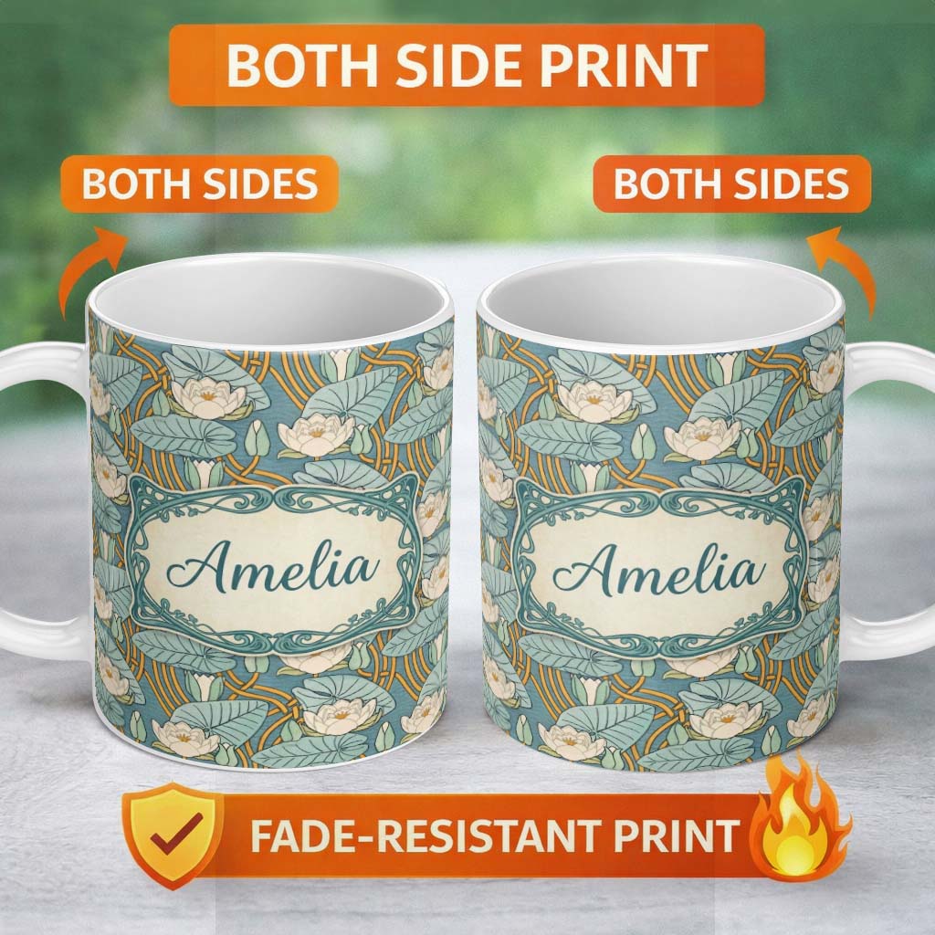 Personalized Custom Name Art Nouveau Lily Pond Floral Seamless Pattern Custom Name Cute 11oz Ceramic Coffee Tea Mug White Large Handle