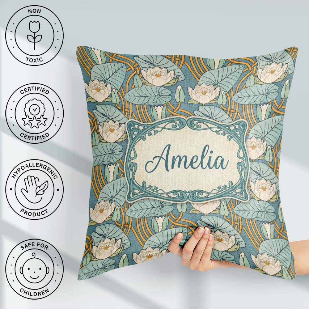 Custom Name Art Nouveau Lily Pond Floral Seamless Pattern Cute Square Filled Cushion Throw Pillow Sofa Bed Home Decor Zip Washable UK Made