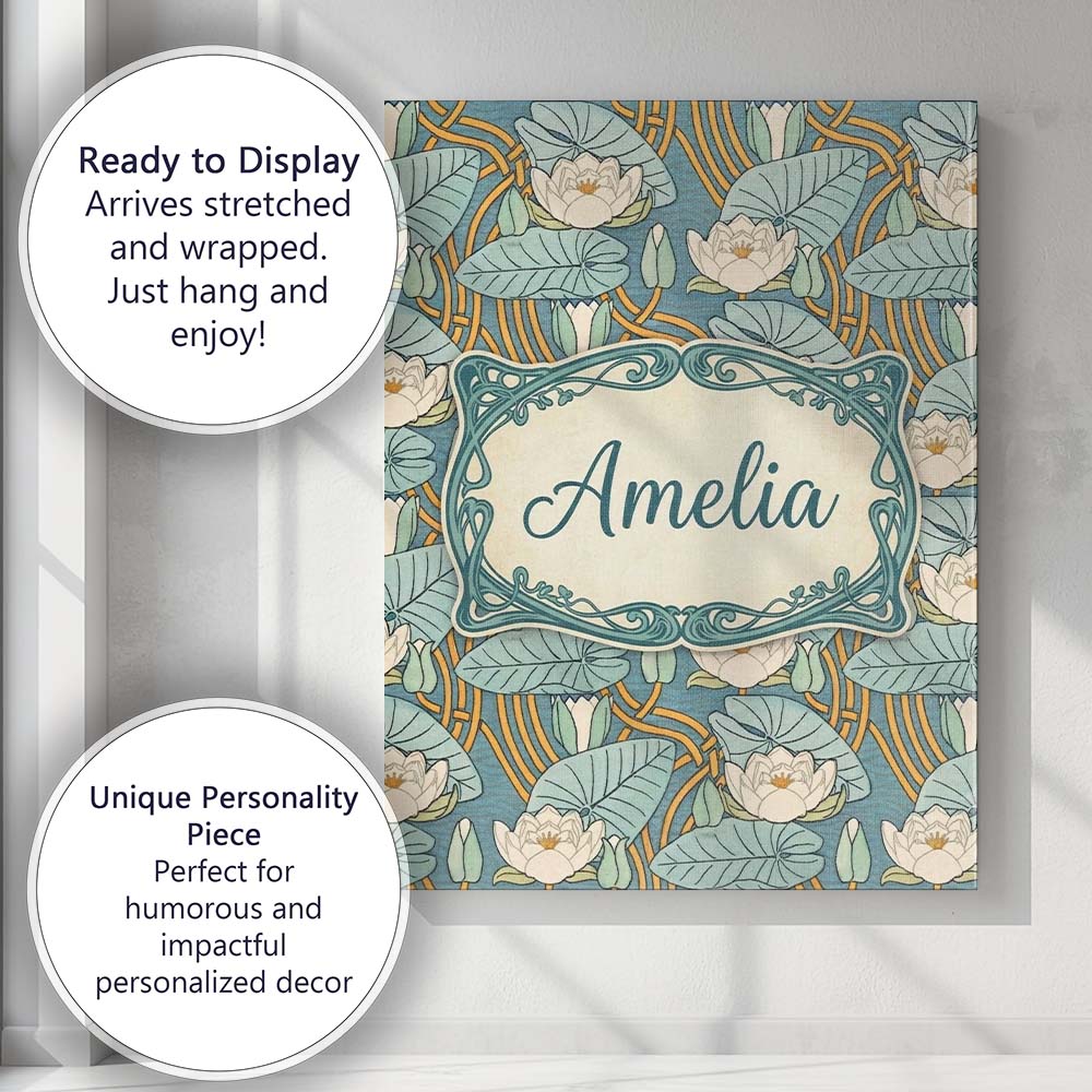Personalised Name Nouveau Lily Pond Custom Stylish Home Interior Elegant Feature Canvas Wall Art Print Decor Picture Ready to Hang
