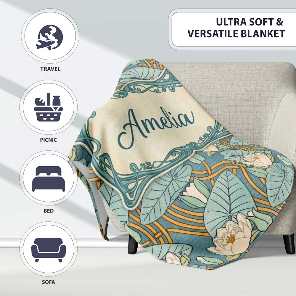 Art Nouveau Lily Pond Floral Seamless Pattern Cute Personalised Custom Name Super Soft Fleece Blanket Bed Sofa Throw