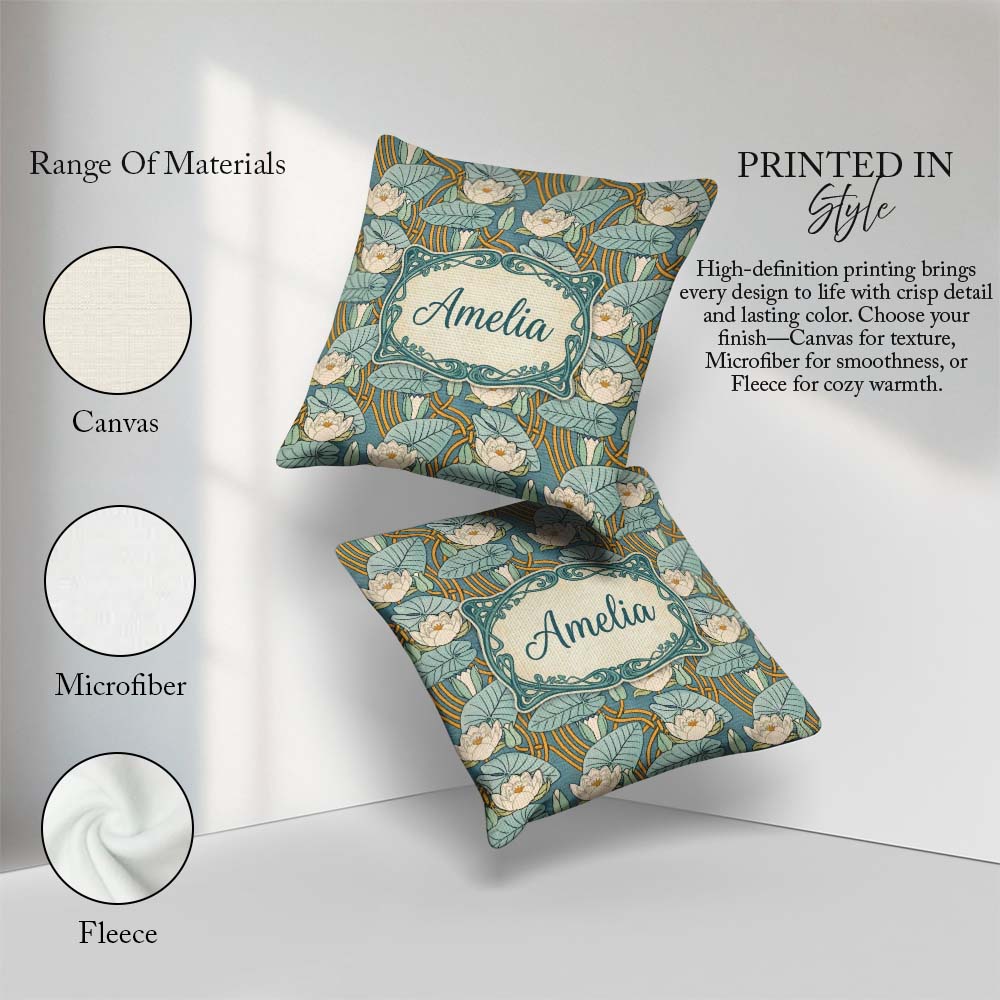 Custom Name Art Nouveau Lily Pond Floral Seamless Pattern Cute Square Filled Cushion Throw Pillow Sofa Bed Home Decor Zip Washable UK Made