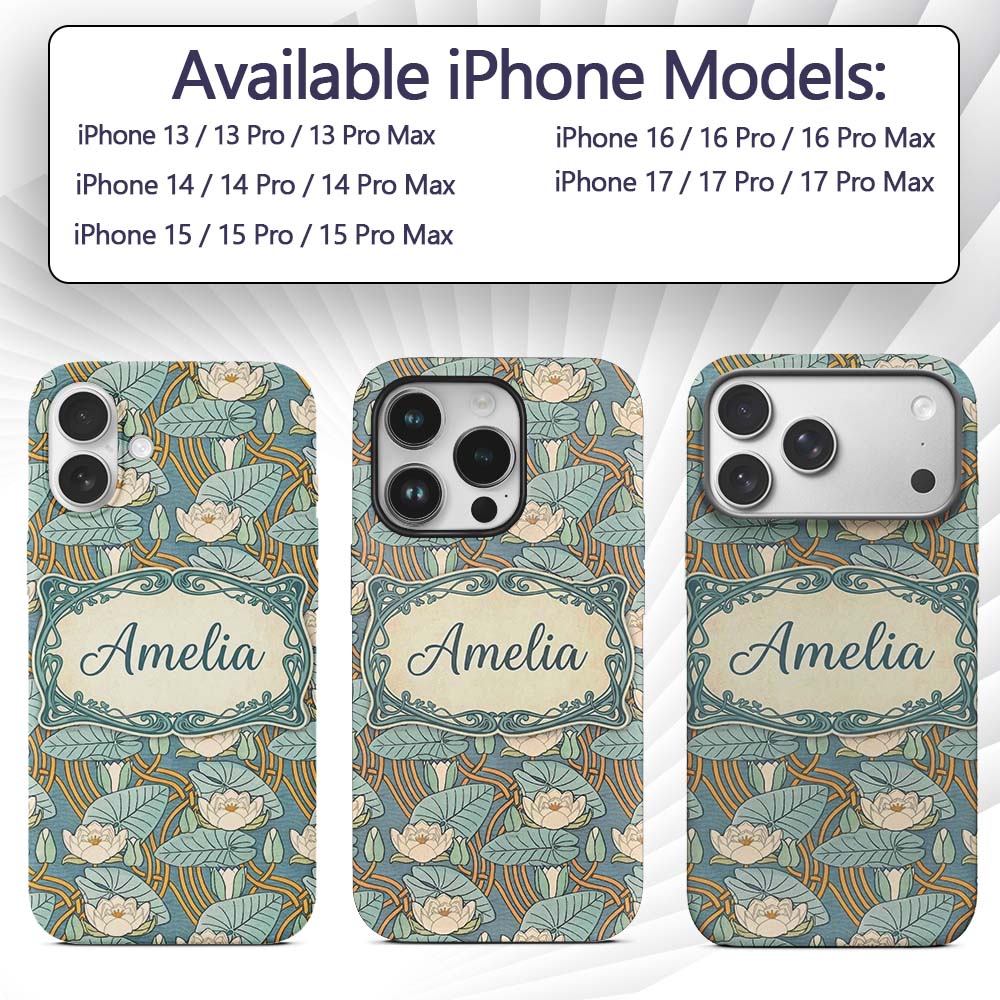 Art Nouveau Lily Pond Floral Seamless Pattern Custom Name Protective Phone Case Mobile Cover Durable Everyday Smartphone Shock Resistant