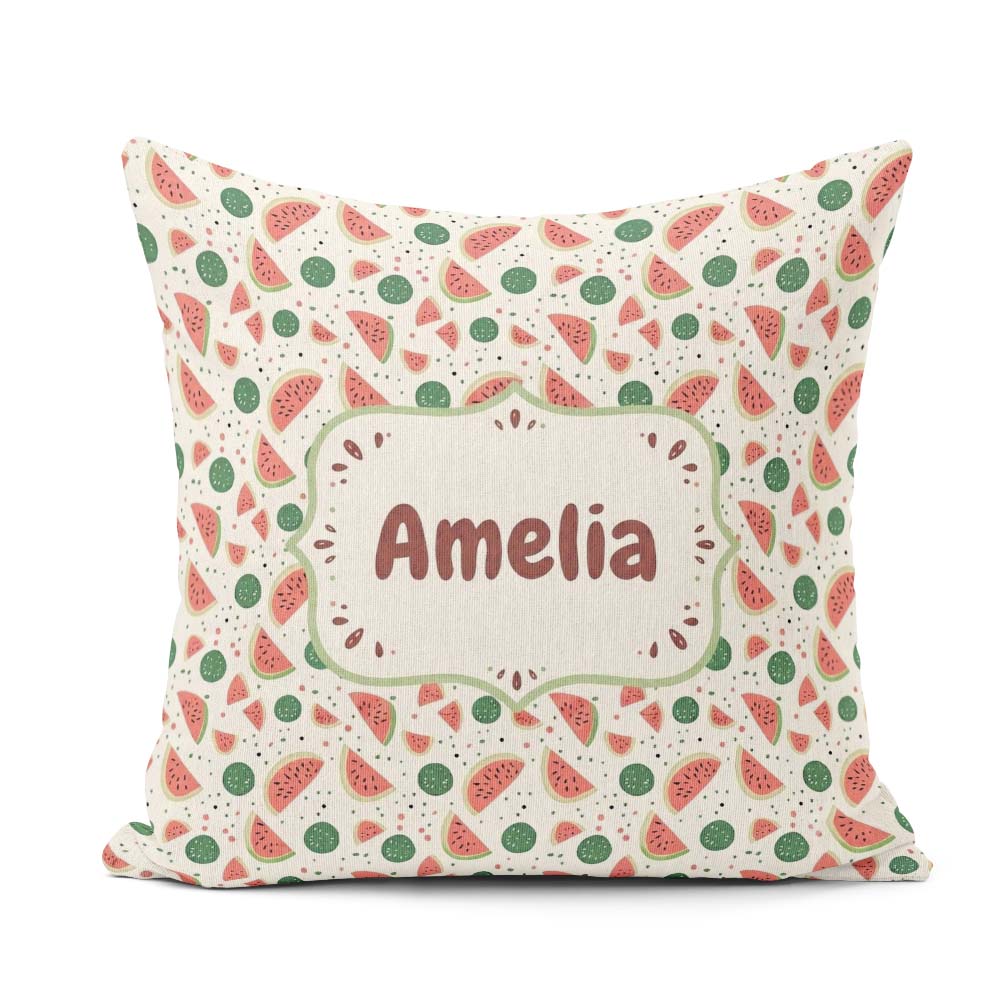 Custom Name Playful Watermelon Summer Seamless Pattern Name Cute Square Filled Cushion Throw Pillow Sofa Bed Home Decor Zip Washable UK Made