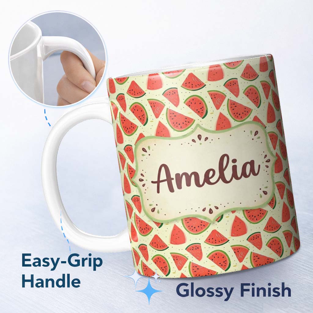 Personalized Custom Name Fresh Watermelon Slices Repeat Seamless Pattern Name Cute Unique 11oz Ceramic Coffee Tea Mug White Large Handle