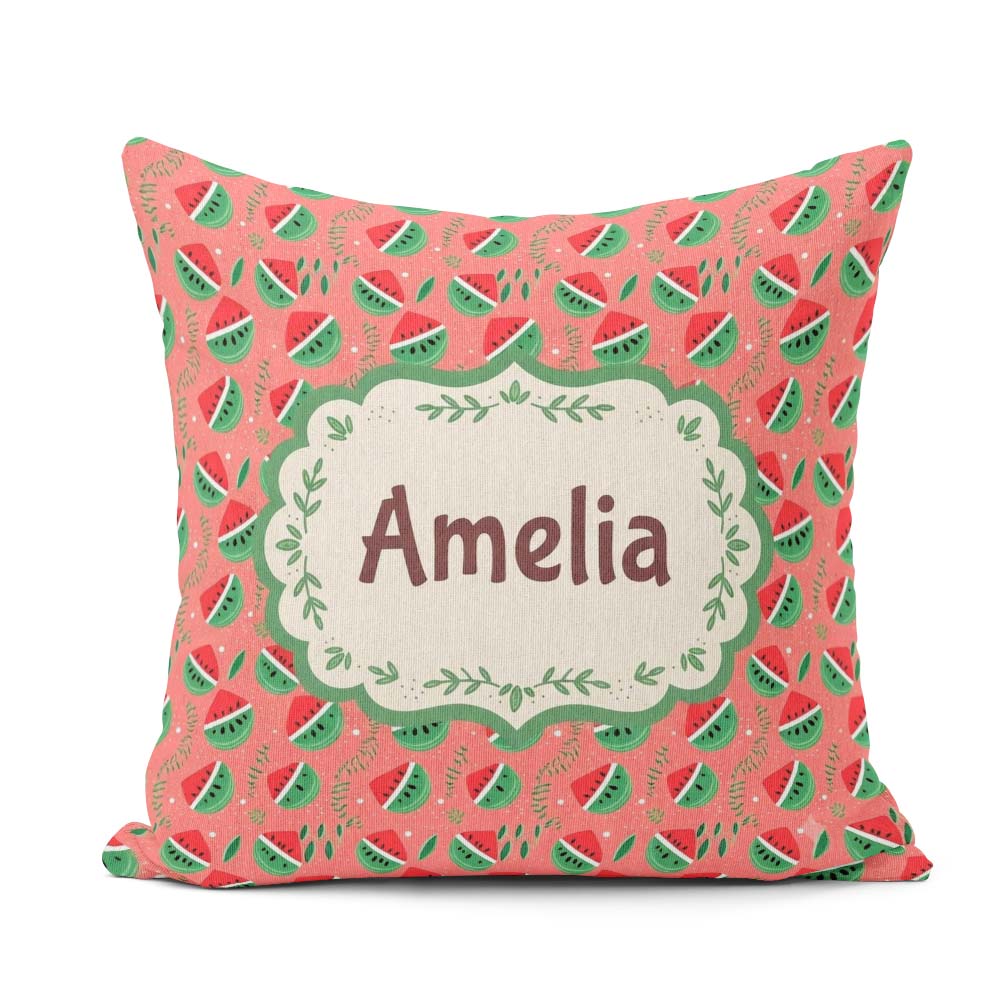 Custom Name Cute Watermelon Fruit Pink Background Seamless Name Square Filled Cushion Throw Pillow Sofa Bed Home Decor Zip Washable UK Made
