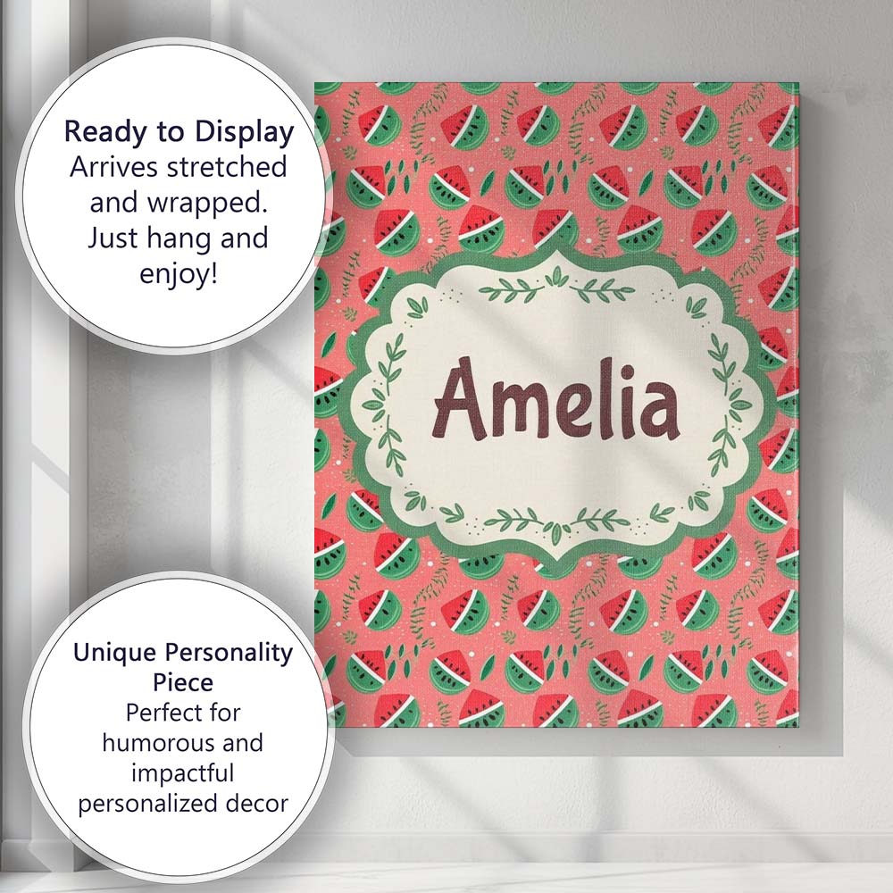 Personalised Name Cute Watermelon Fruit Custom Modern Room Accent Elegant Feature Canvas Wall Art Print Decor Picture Ready to Hang