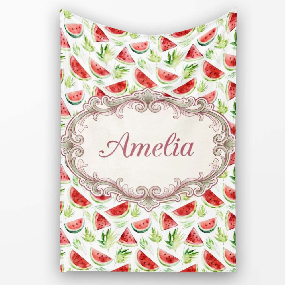 Watercolor Watermelon Slices with Green Leaves Seamless Pattern Personalised Custom Name Super Soft Fleece Blanket Bed Sofa Throw
