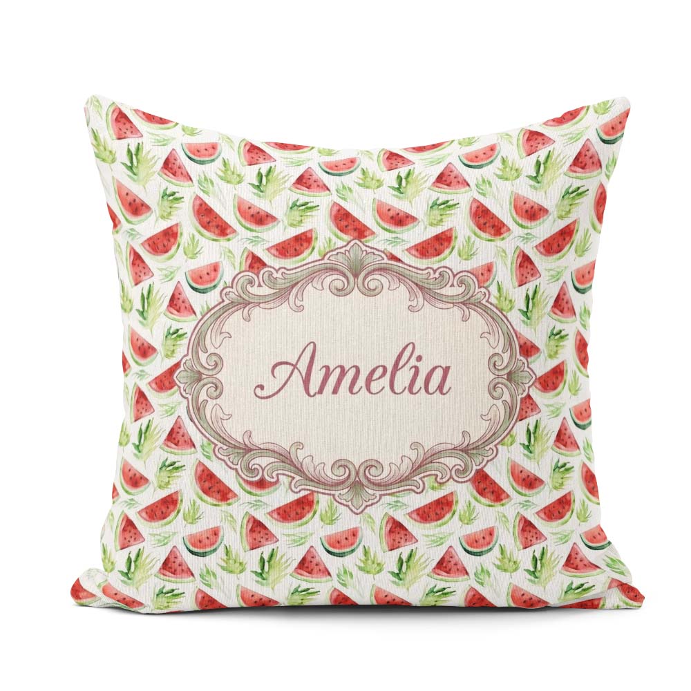 Custom Name Watercolor Slices with Green Leaves Seamless Pattern Square Filled Cushion Throw Pillow Sofa Bed Home Decor Zip Washable UK Made