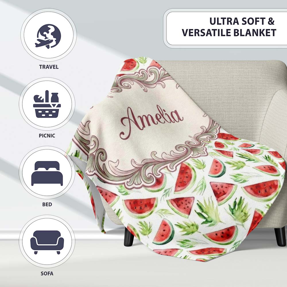 Watercolor Watermelon Slices with Green Leaves Seamless Pattern Personalised Custom Name Super Soft Fleece Blanket Bed Sofa Throw