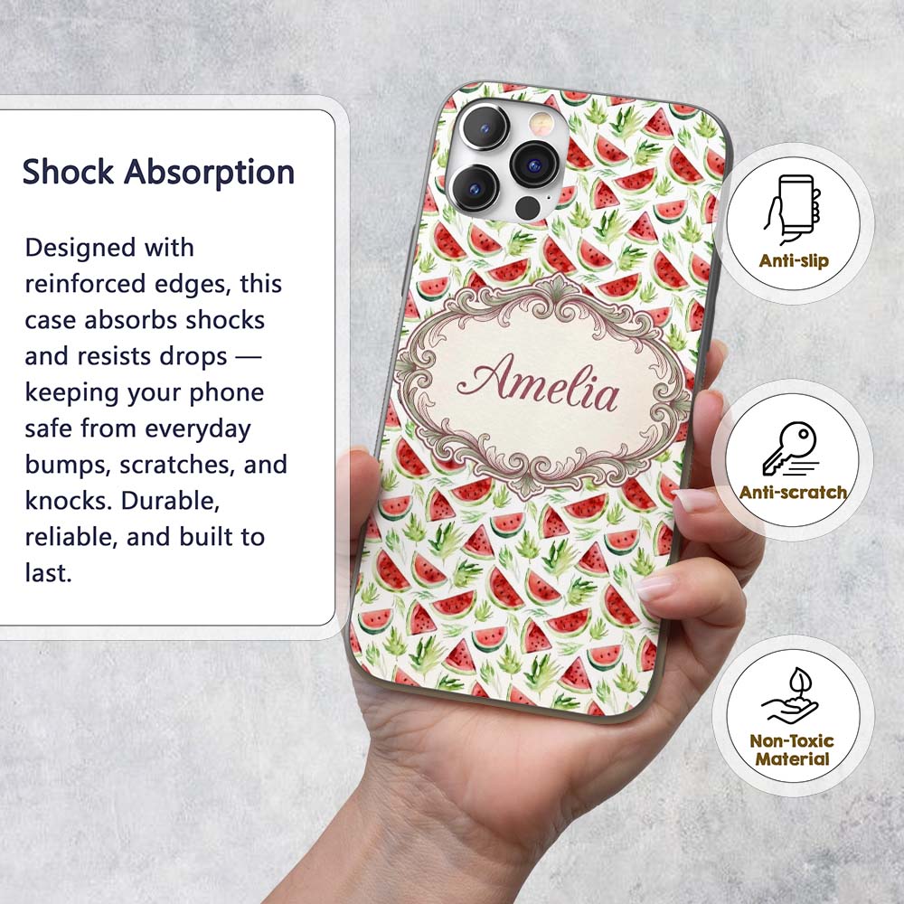 Watercolor Watermelon Slices with Green Leaves Custom Name Protective Phone Case Mobile Cover Durable Everyday Smartphone Shock Resistant