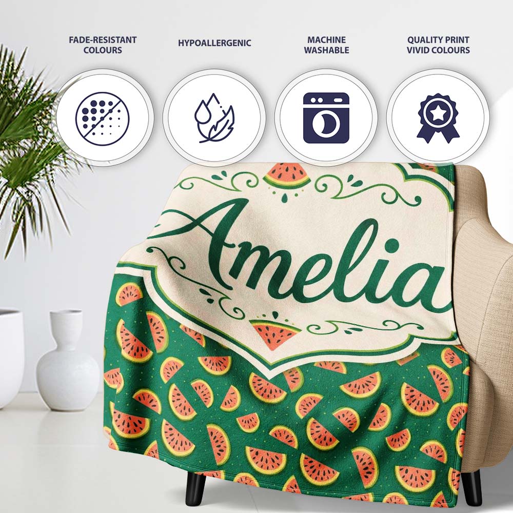Dark Green Background Watermelon Slice Repeat Seamless Pattern Name Personalised Custom Name Super Soft Fleece Blanket Bed Sofa Throw