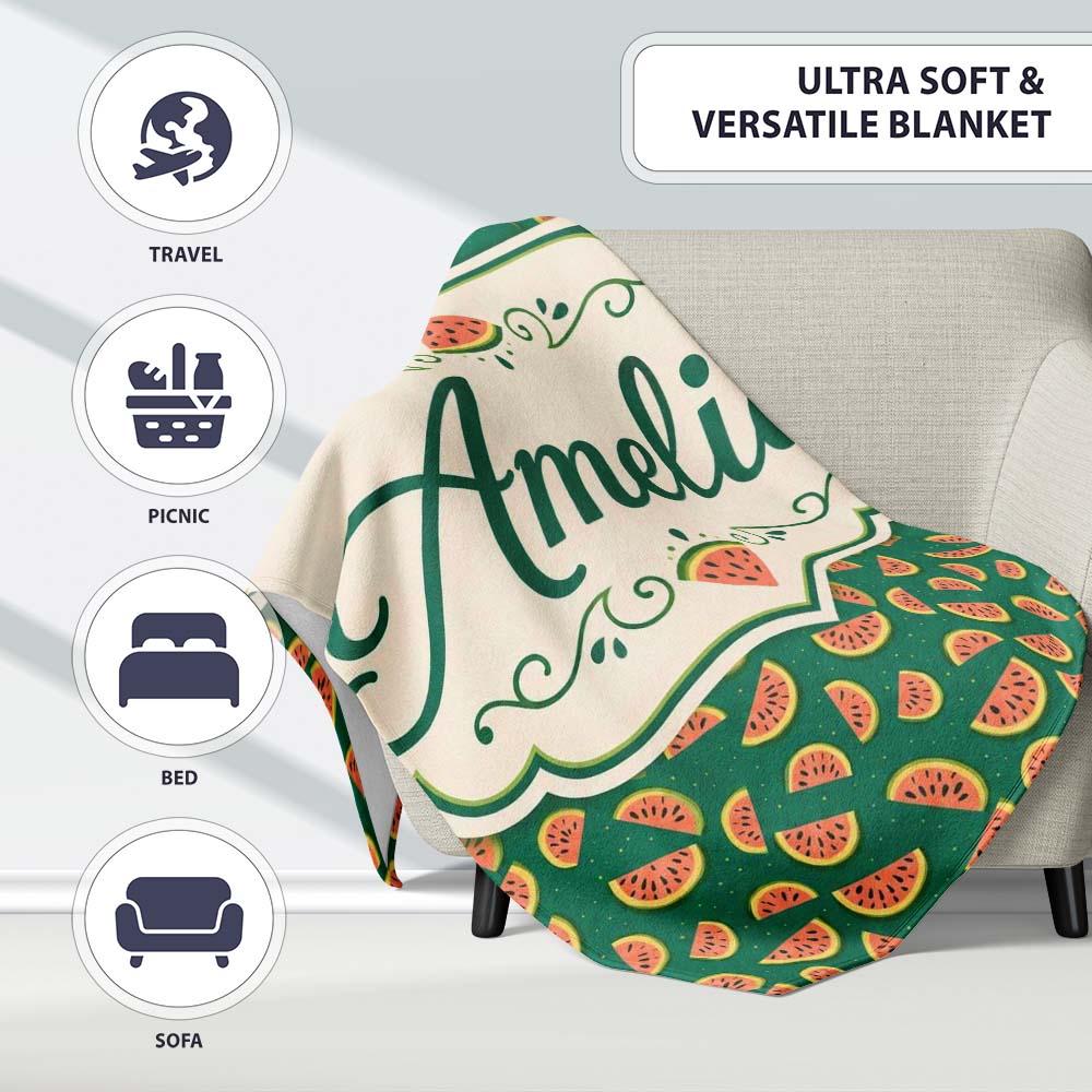 Dark Green Background Watermelon Slice Repeat Seamless Pattern Name Personalised Custom Name Super Soft Fleece Blanket Bed Sofa Throw