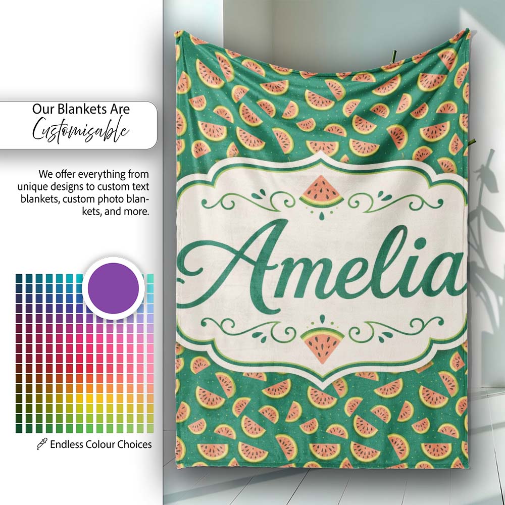 Dark Green Background Watermelon Slice Repeat Seamless Pattern Name Personalised Custom Name Super Soft Fleece Blanket Bed Sofa Throw