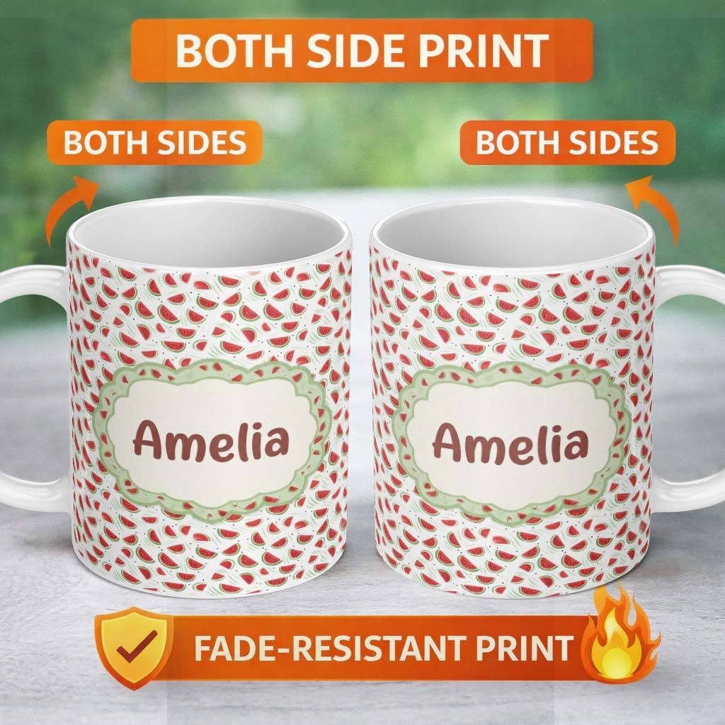 Personalized Custom Name Minimal Watermelon Slice Scatter Seamless Pattern Name Cute Unique 11oz Ceramic Coffee Tea Mug White Large Handle