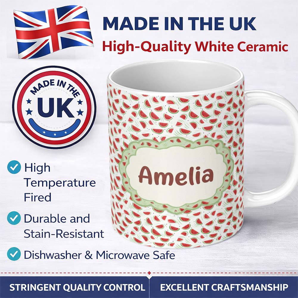Personalized Custom Name Minimal Watermelon Slice Scatter Seamless Pattern Name Cute Unique 11oz Ceramic Coffee Tea Mug White Large Handle