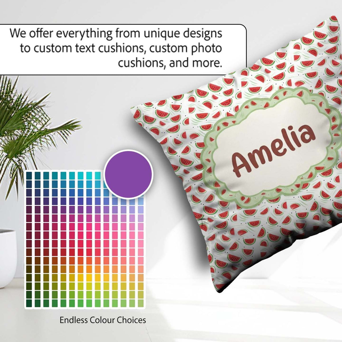 Custom Name Minimal Watermelon Slice Scatter Seamless Name Cute Square Filled Cushion Throw Pillow Sofa Bed Home Decor Zip Washable UK Made