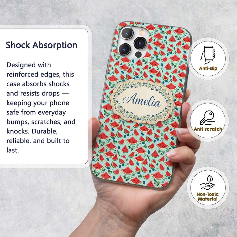 Fresh Watermelon and Botanical Elements Seamless Custom Name Protective Phone Case Mobile Cover Durable Everyday Smartphone Shock Resistant