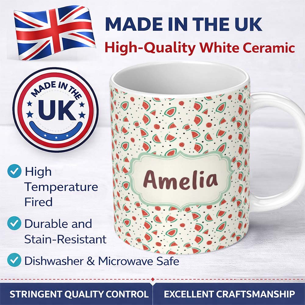 Personalized Custom Name Cute Small Watermelon Slice Dots Seamless Pattern Name Unique Gift 11oz Ceramic Coffee Tea Mug White Large Handle