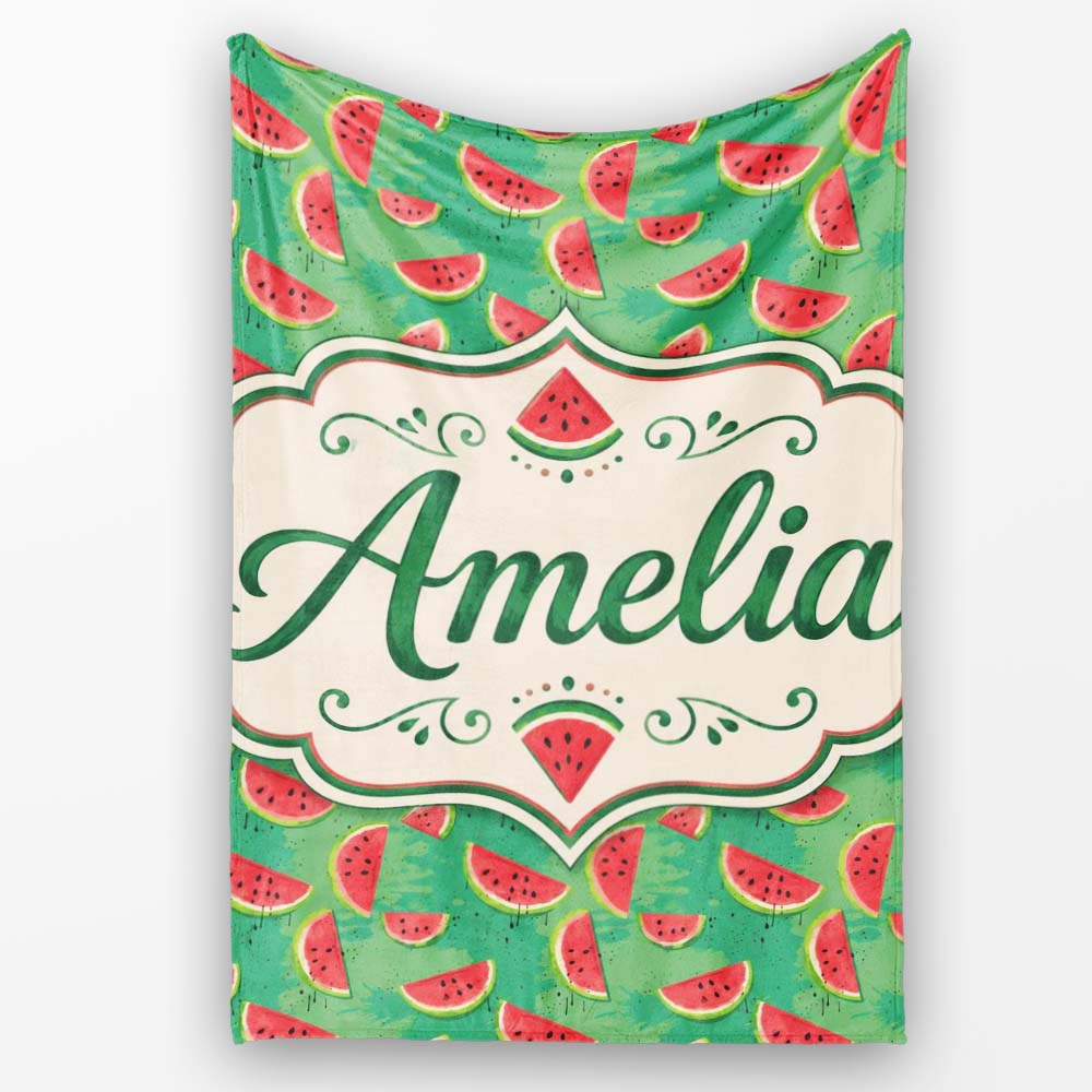 Watermelon Slices on Green Painted Background Seamless Pattern Name Personalised Custom Name Super Soft Fleece Blanket Bed Sofa Throw