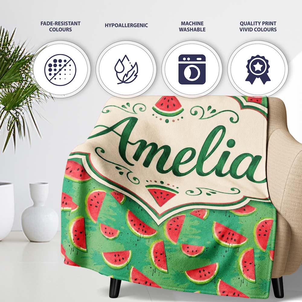 Watermelon Slices on Green Painted Background Seamless Pattern Name Personalised Custom Name Super Soft Fleece Blanket Bed Sofa Throw