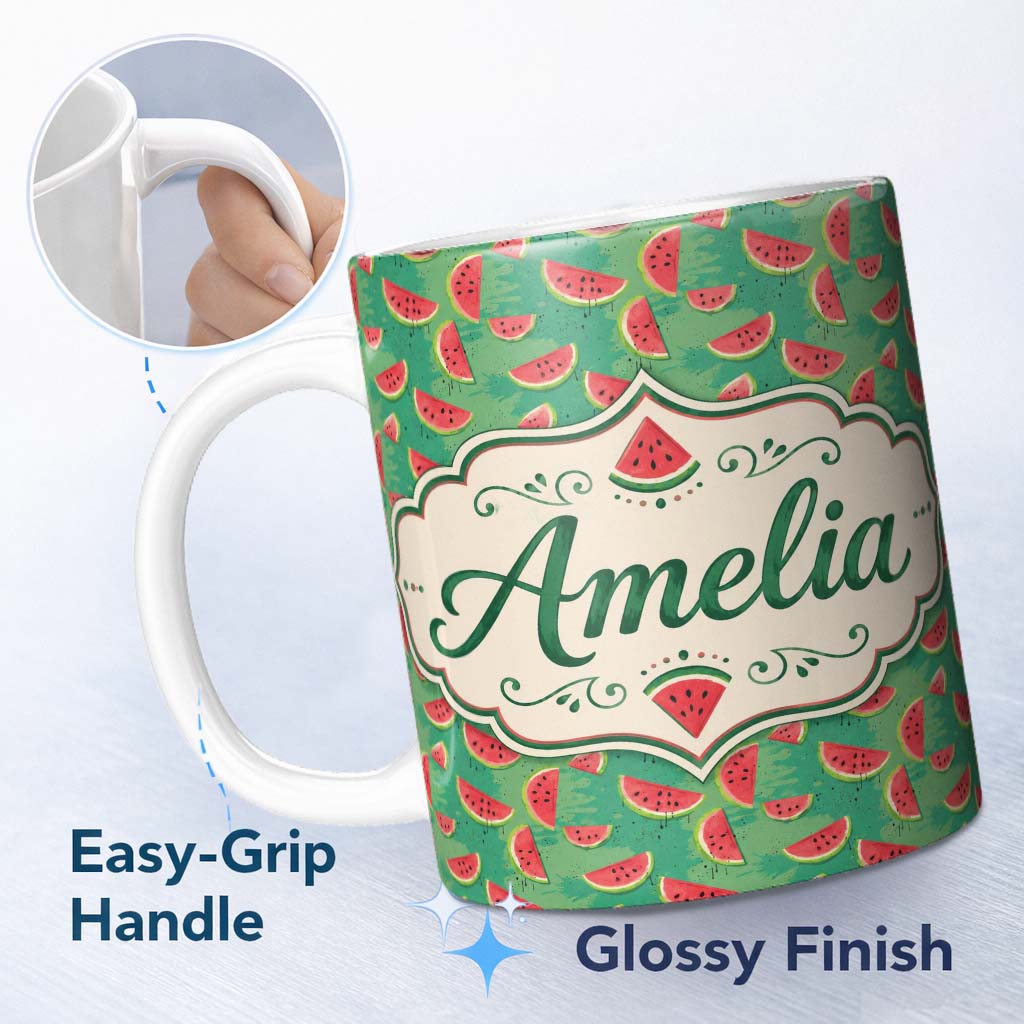 Personalized Custom Name Watermelon Slices on Green Painted Background Seamless Pattern Name 11oz Ceramic Coffee Tea Mug White Large Handle