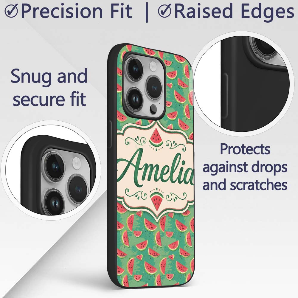 Watermelon Slices on Green Painted Background Custom Name Protective Phone Case Mobile Cover Durable Everyday Smartphone Shock Resistant