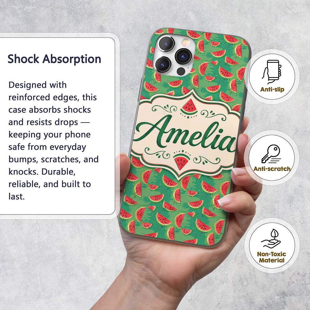 Watermelon Slices on Green Painted Background Custom Name Protective Phone Case Mobile Cover Durable Everyday Smartphone Shock Resistant