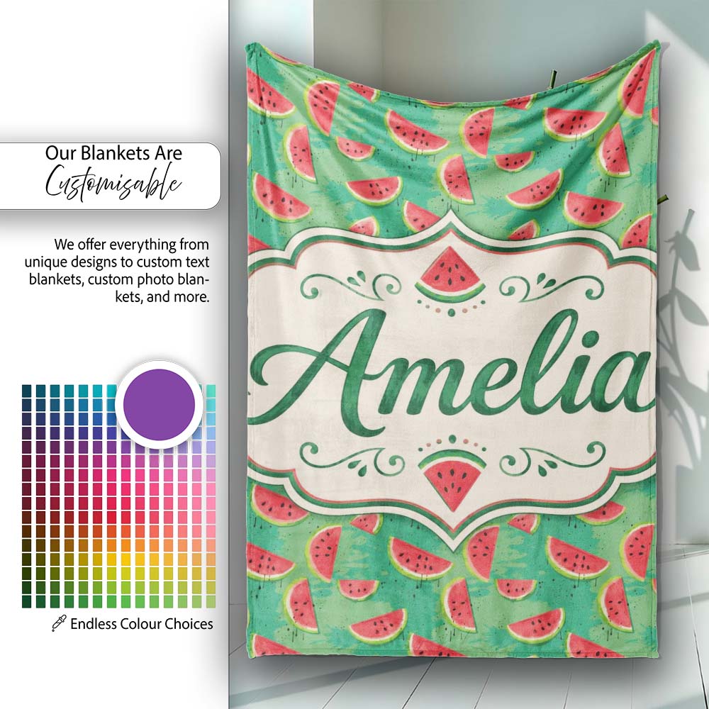 Watermelon Slices on Green Painted Background Seamless Pattern Name Personalised Custom Name Super Soft Fleece Blanket Bed Sofa Throw