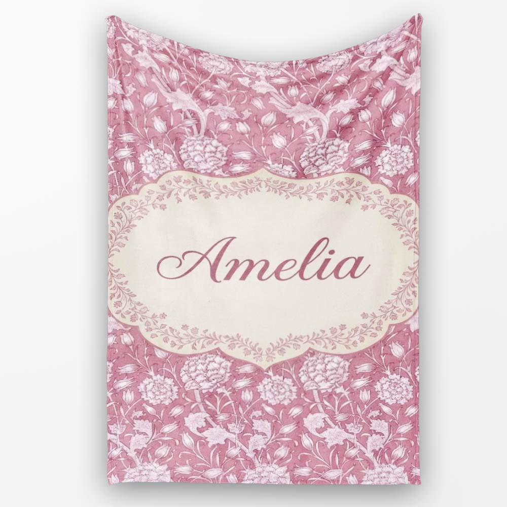 Vintage Pink Floral Botanical Garden Seamless Pattern Name Cute Personalised Custom Name Super Soft Fleece Blanket Bed Sofa Throw