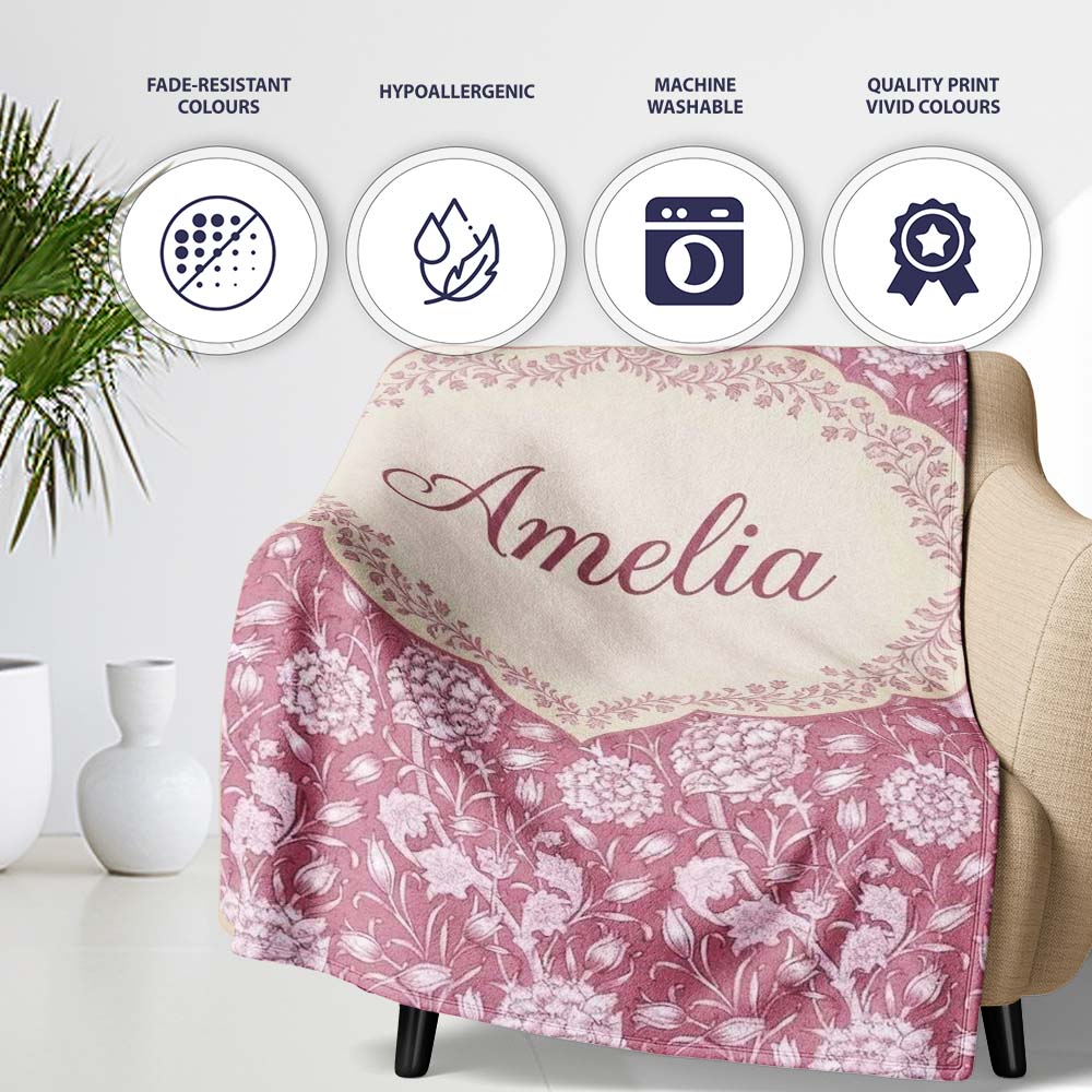 Vintage Pink Floral Botanical Garden Seamless Pattern Name Cute Personalised Custom Name Super Soft Fleece Blanket Bed Sofa Throw