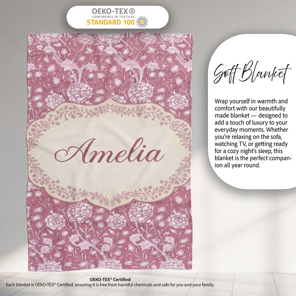 Vintage Pink Floral Botanical Garden Seamless Pattern Name Cute Personalised Custom Name Super Soft Fleece Blanket Bed Sofa Throw