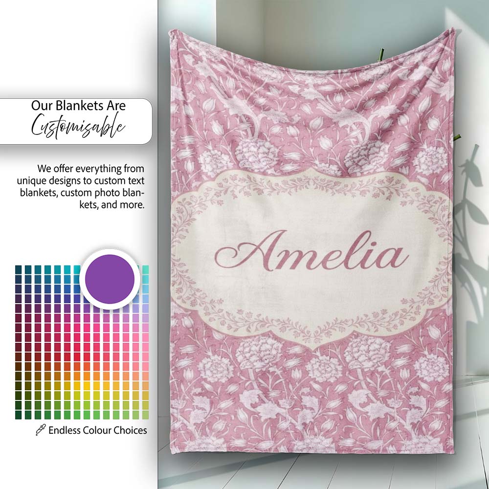 Vintage Pink Floral Botanical Garden Seamless Pattern Name Cute Personalised Custom Name Super Soft Fleece Blanket Bed Sofa Throw