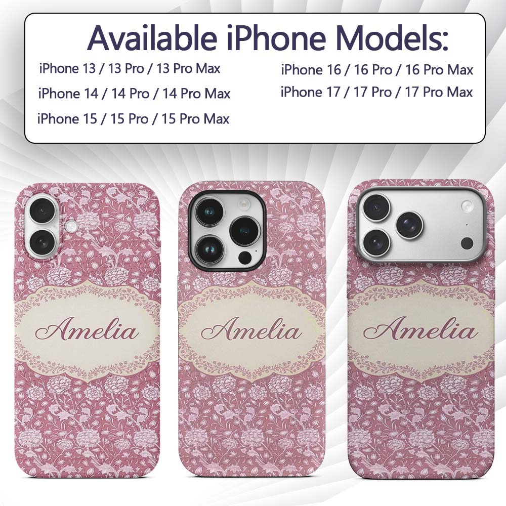 Vintage Pink Floral Botanical Garden Seamless Custom Name Protective Phone Case Mobile Cover Durable Everyday Smartphone Shock Resistant
