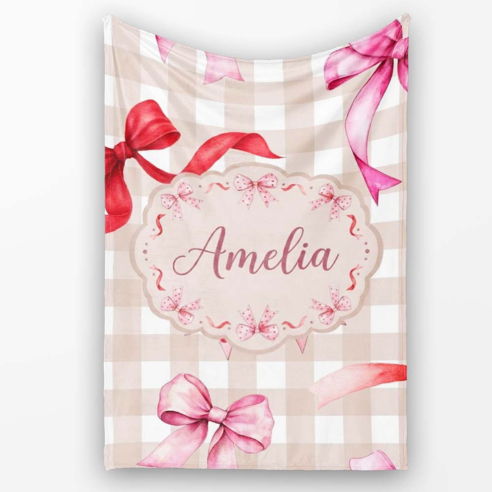 Watercolor Ribbon Bow Seamless Pattern on Taupe Gingham Background Personalised Custom Name Super Soft Fleece Blanket Bed Sofa Throw