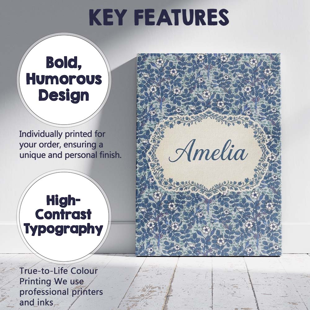 Personalised Name Blue Floral Vine Classic Custom Unique Gift Idea Elegant Feature Canvas Wall Art Print Decor Picture Ready to Hang