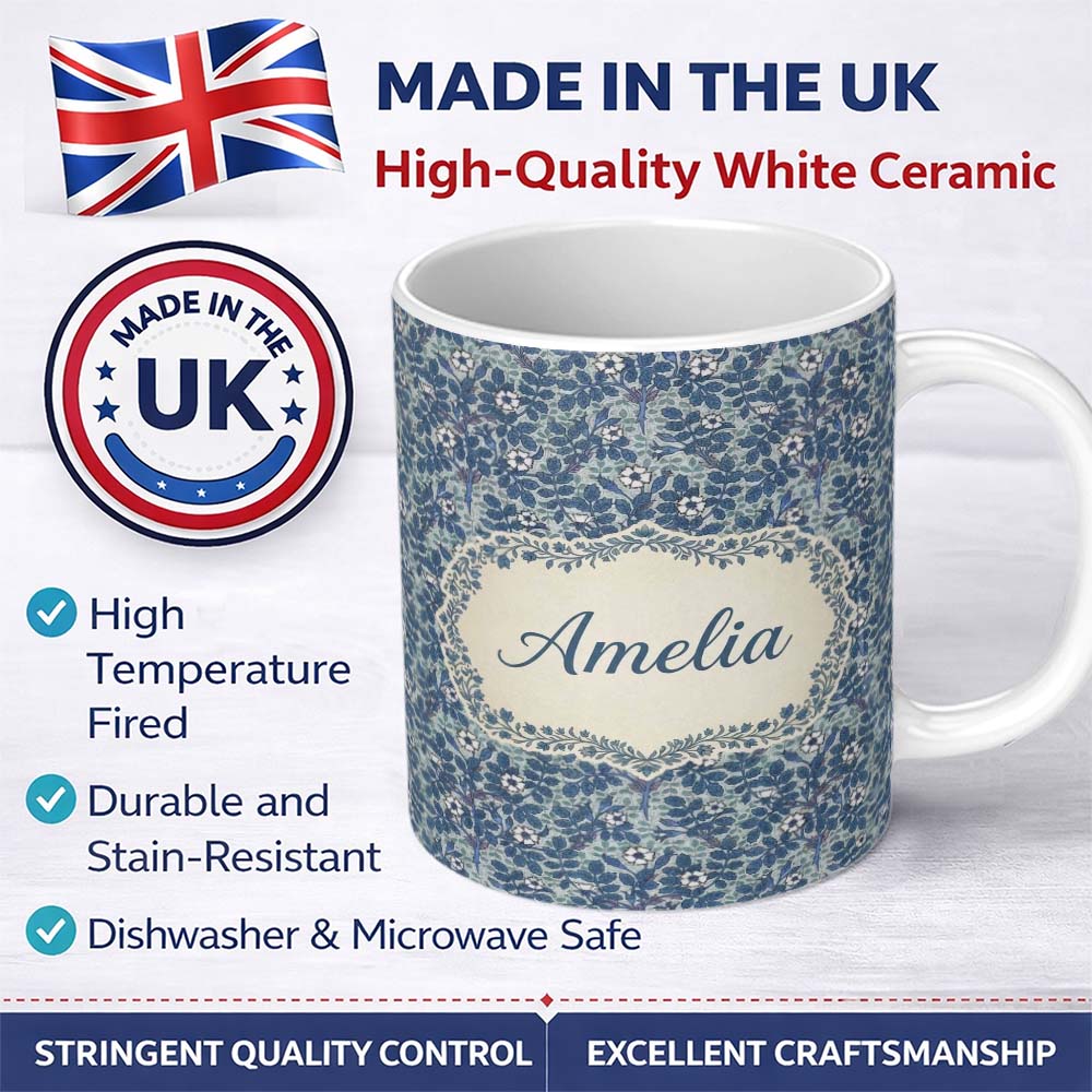 Personalized Custom Name Blue Floral Vine Classic Heritage Seamless Pattern Name Cute Unique 11oz Ceramic Coffee Tea Mug White Large Handle