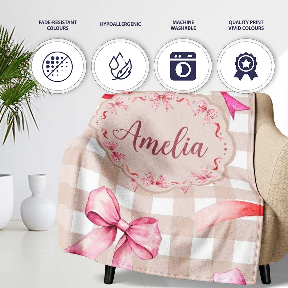 Watercolor Ribbon Bow Seamless Pattern on Taupe Gingham Background Personalised Custom Name Super Soft Fleece Blanket Bed Sofa Throw