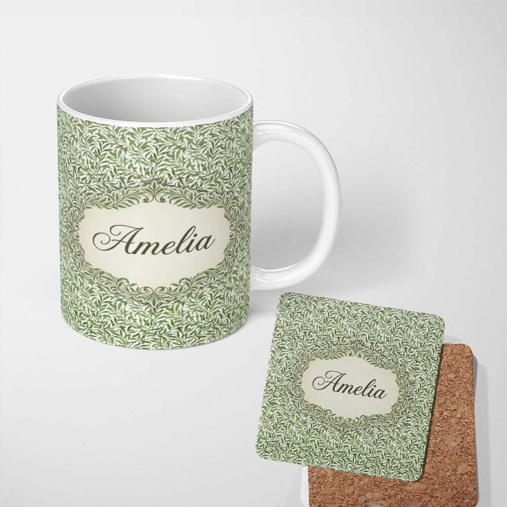 Personalized Custom Name Green Leaf Botanical Nature Repeat Seamless Pattern Name Cute 11oz Ceramic Coffee Tea Mug White Large Handle