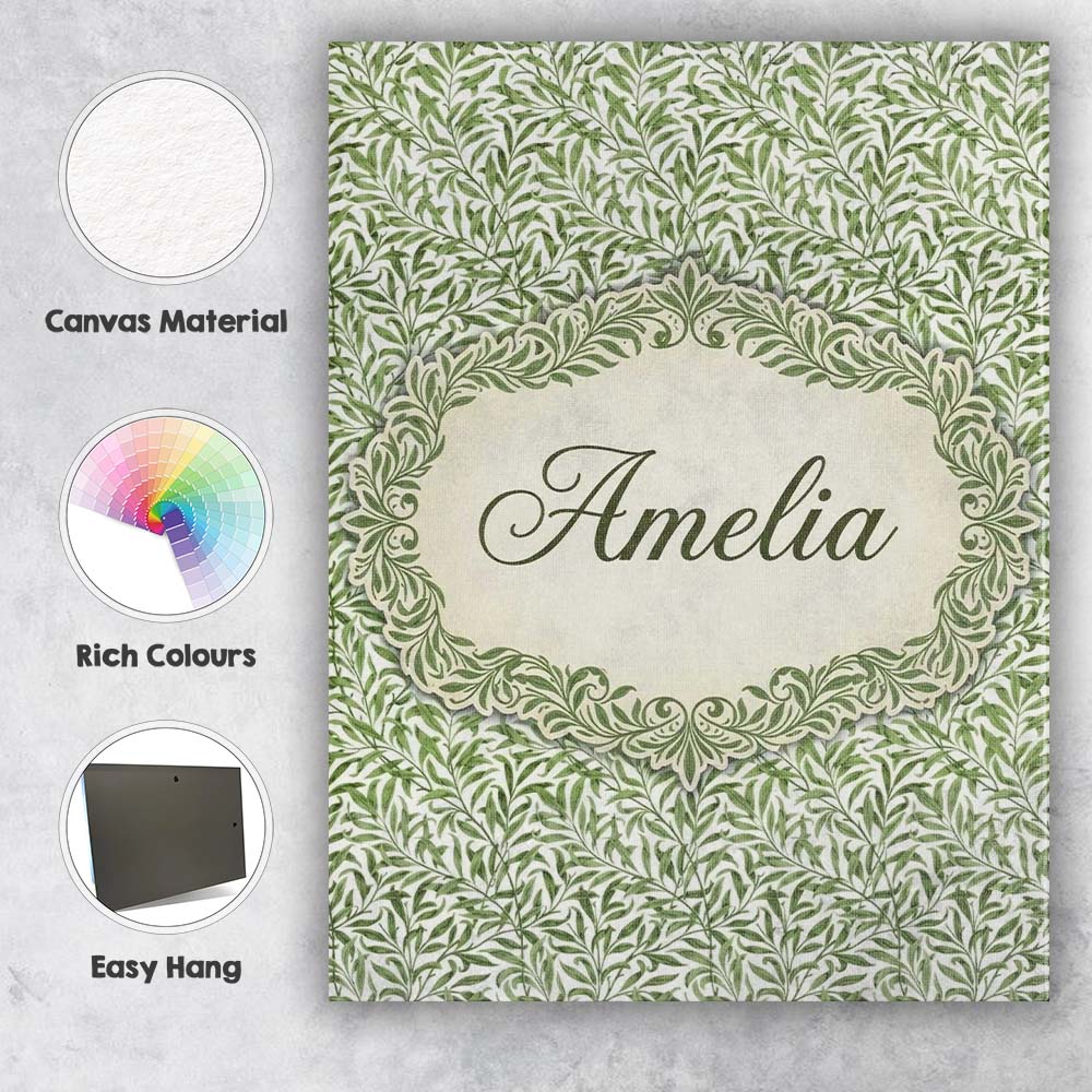 Personalised Name Green Leaf Botanical Custom Modern Room Accent Elegant Feature Canvas Wall Art Print Decor Picture Ready to Hang