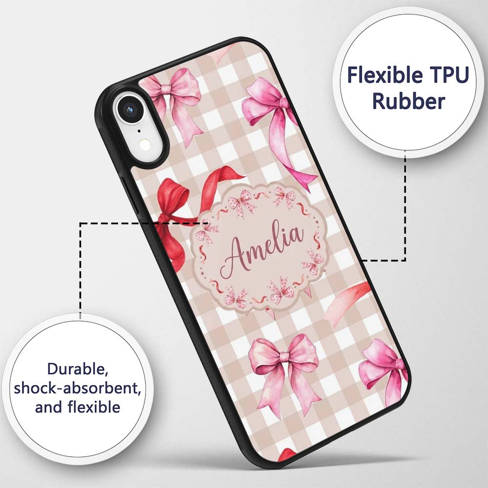 Watercolor Ribbon Bow Seamless Pattern on Taupe Custom Name Protective Phone Case Mobile Cover Durable Everyday Smartphone Shock Resistant